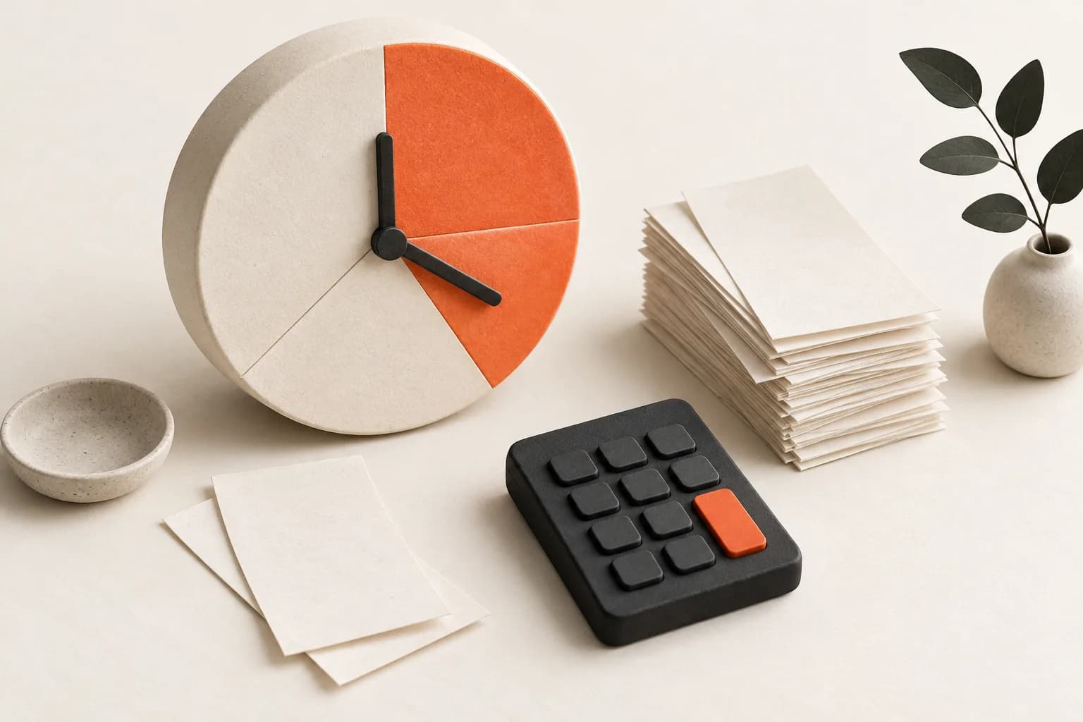 An orange segmented clock beside paper slips and a charcoal calculator