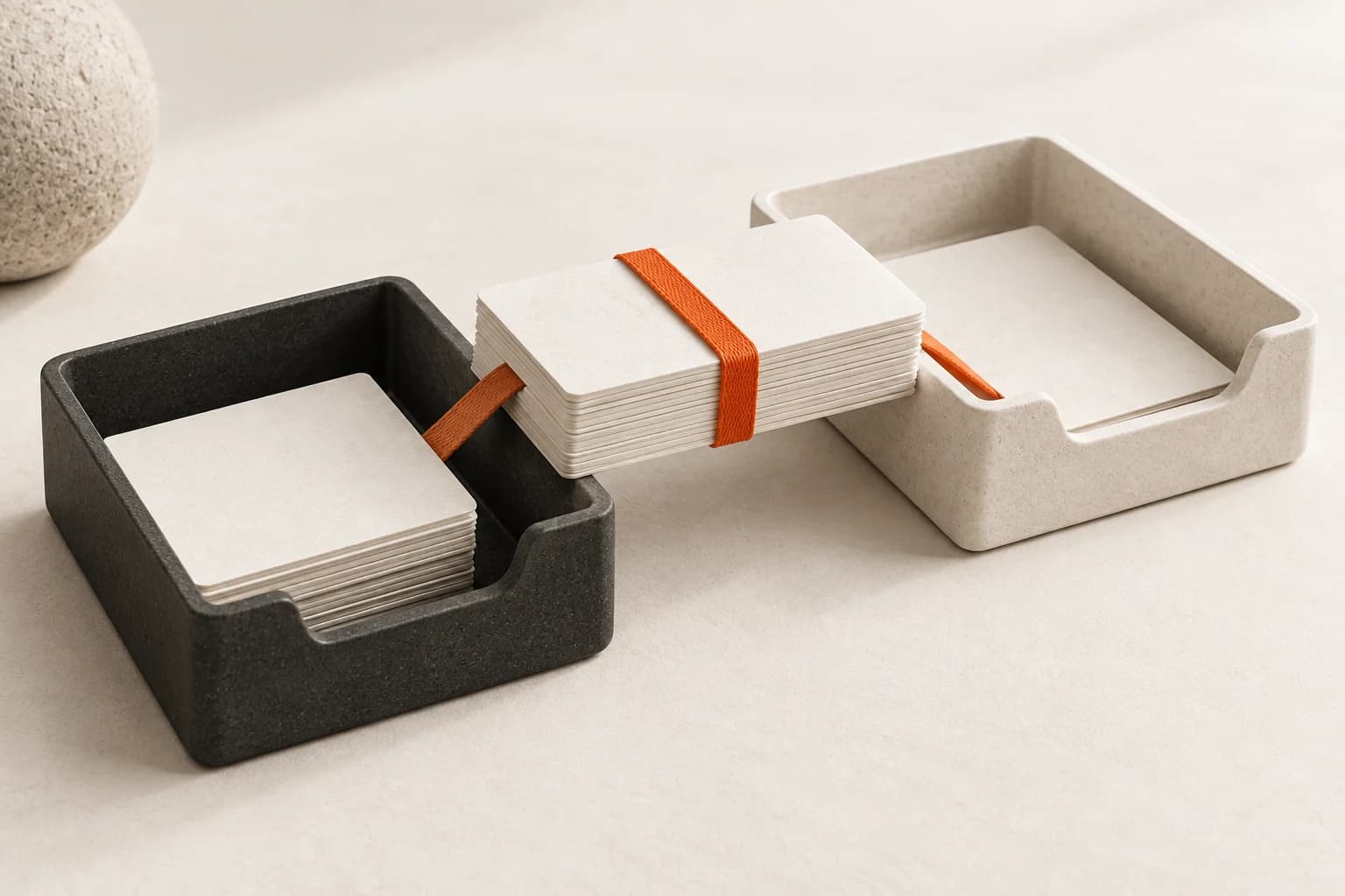 Blank record cards bound with orange ribbon bridging charcoal and ivory document trays