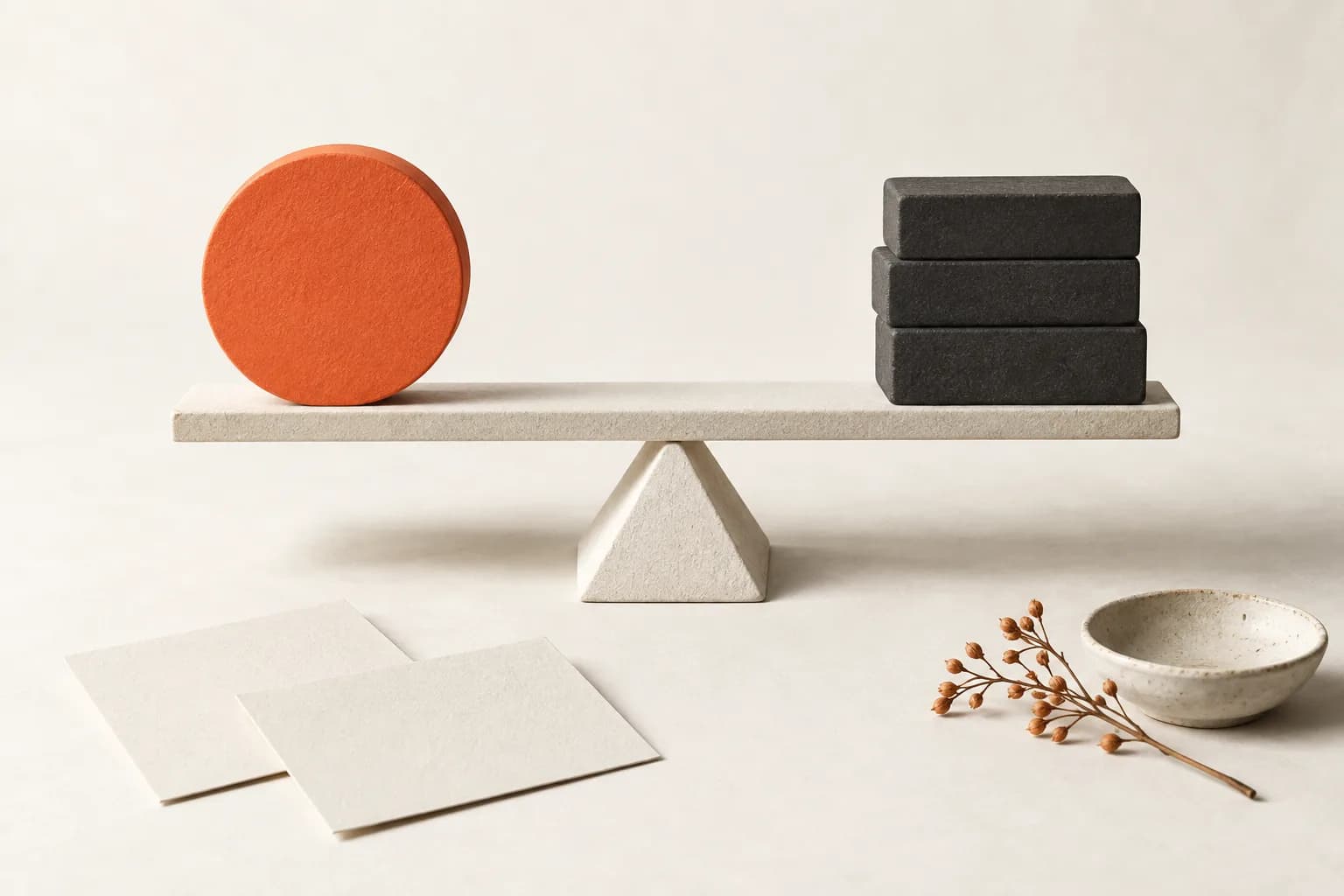 A balanced beam holding an orange disk and charcoal blocks, illustrating revenue and cost