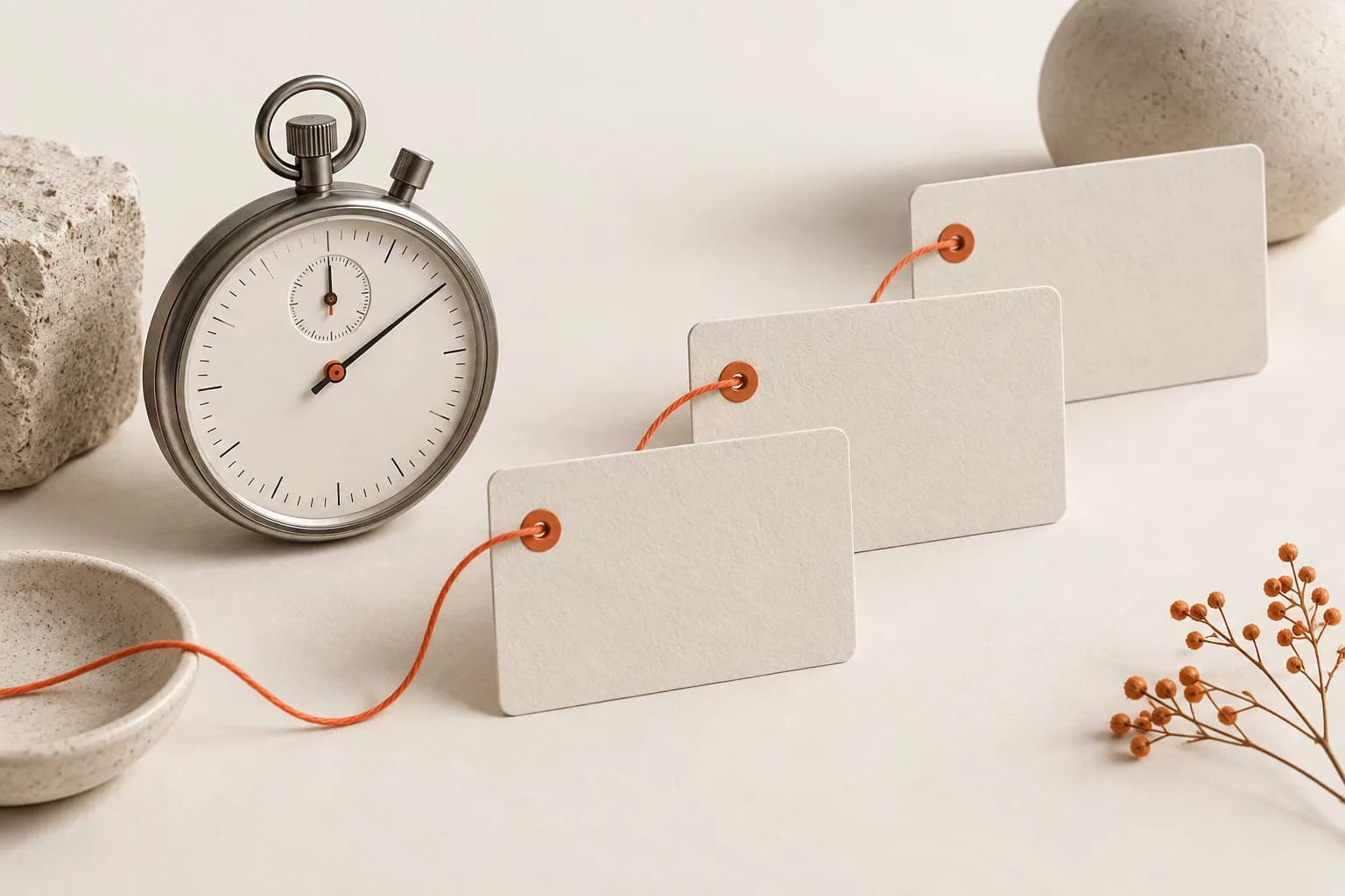 An analog stopwatch beside project cards connected by an orange thread