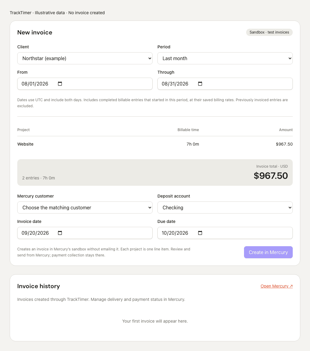 TrackTimer invoice preview with synthetic Northstar data: two entries, seven billable hours, and a $967.50 invoice total.